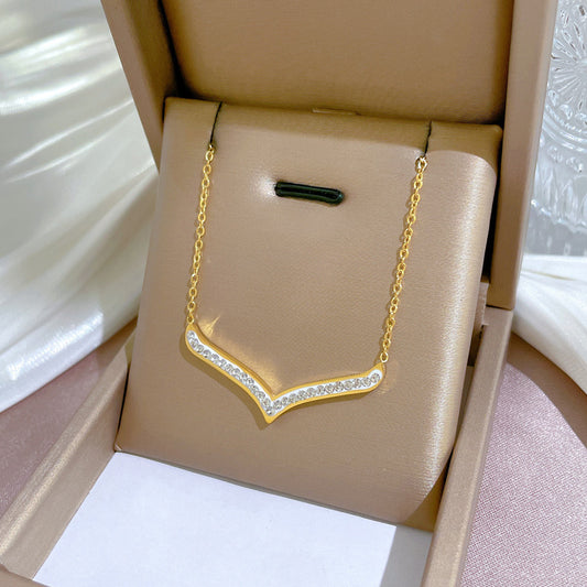 Elegant Full Diamond V-Shaped Gold Necklace