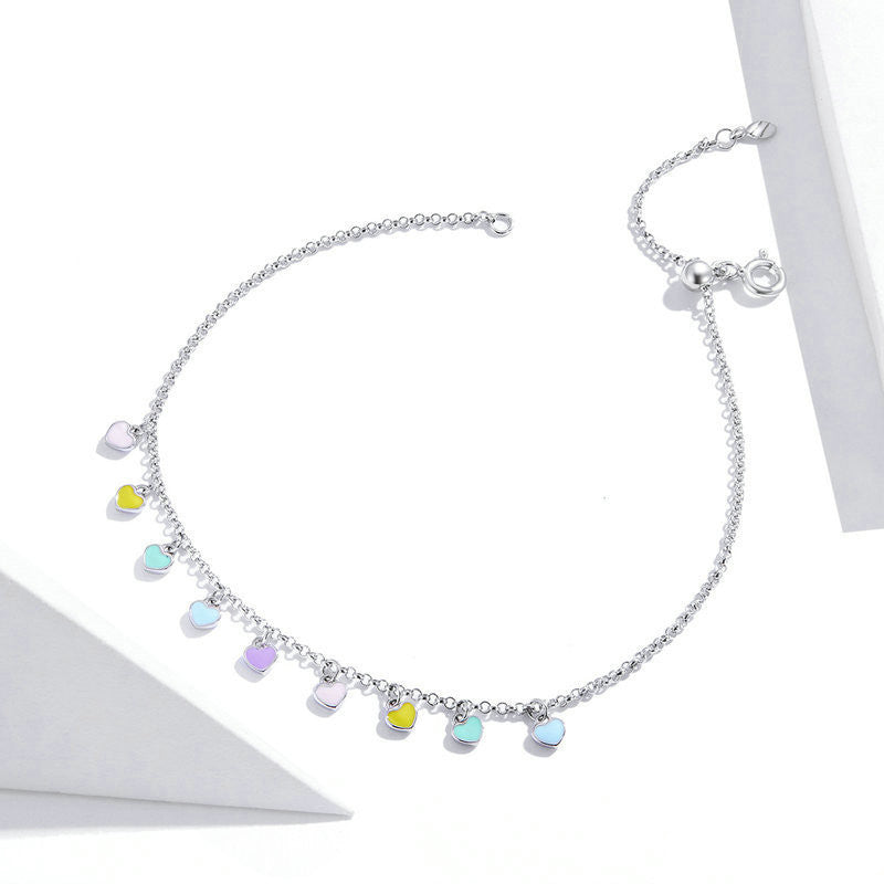 Women's Rainbow Heart Anklet Sterling Silver