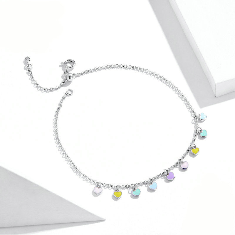 Women's Rainbow Heart Anklet Sterling Silver